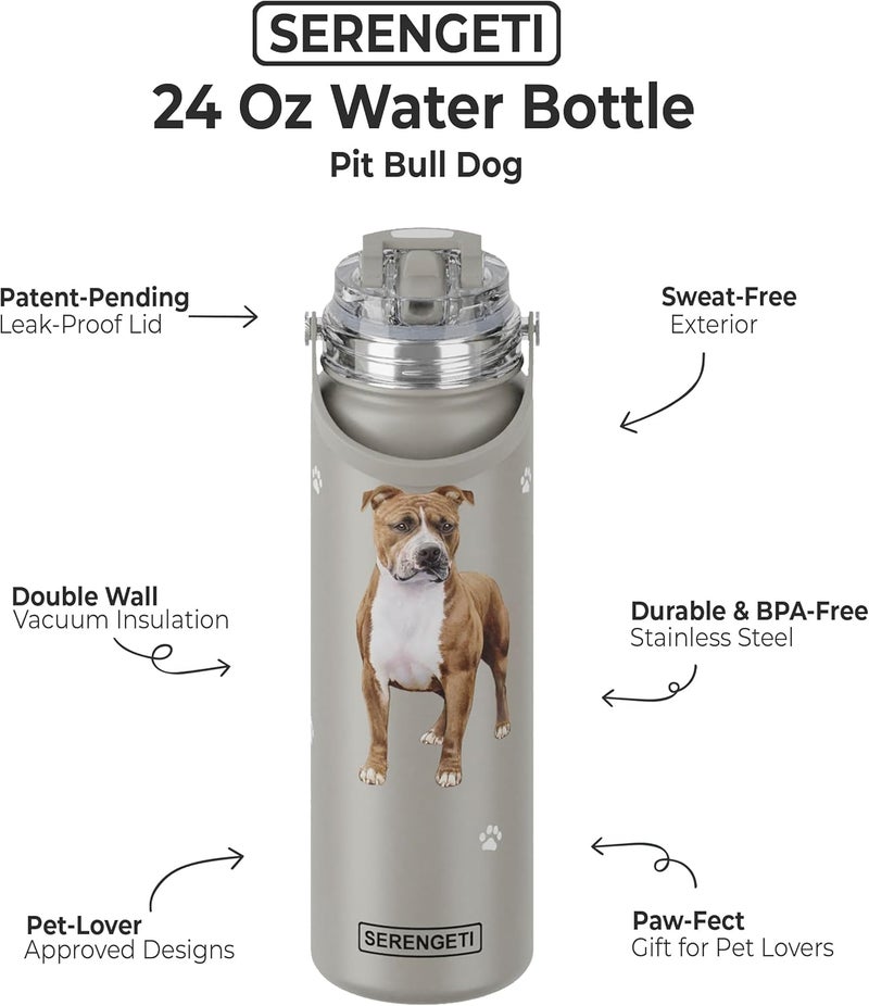 ES Pets SERENGETI 24 Oz Water Bottle Stainless Steel with Spill Proof Lid - Double walled Vacuum Insulated water flask - Realistic 3D Print of your favorite dog (Pit Bull) - Image 1